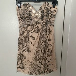 H&M Strapless Cream Snake Print Bejeweled Mini Dress